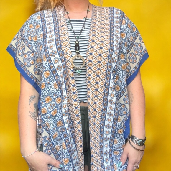 Justin & Taylor Blue and Orange Boho Patterned Kimono OS - Picture 1 of 6